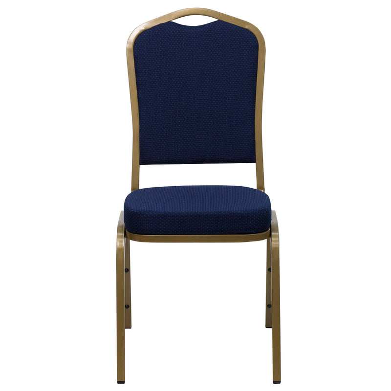 SINGLEWAVE Series Crown Back Stacking Banquet Chair in Navy Blue Patterned Fabric - Gold Frame