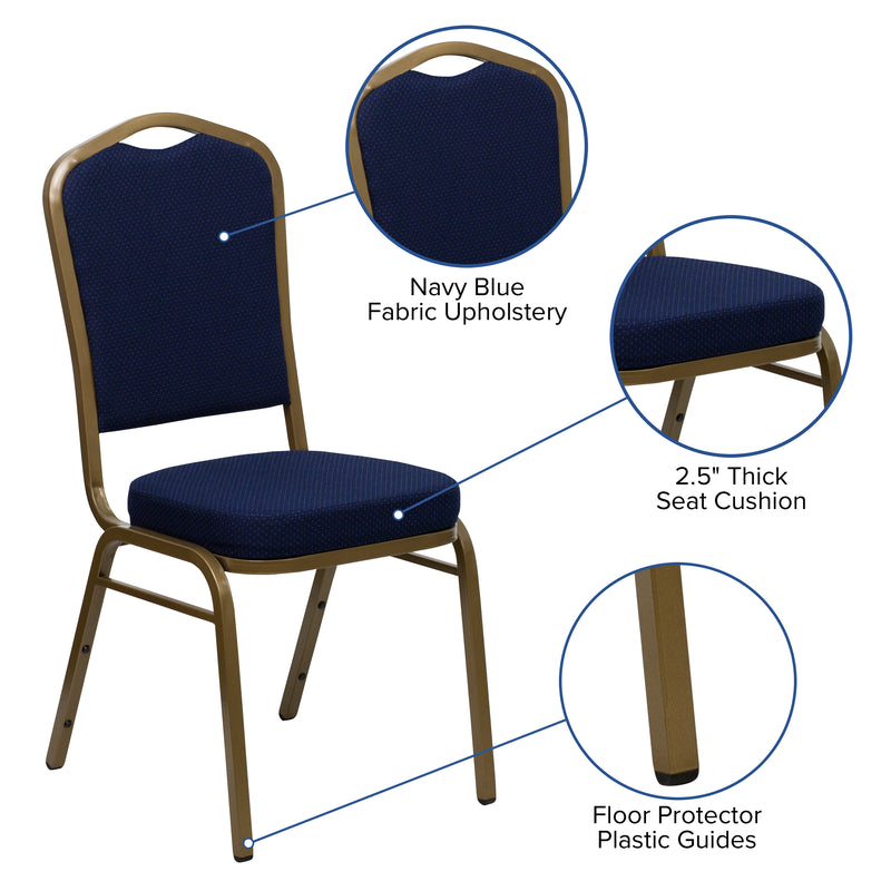 SINGLEWAVE Series Crown Back Stacking Banquet Chair in Navy Blue Patterned Fabric - Gold Frame