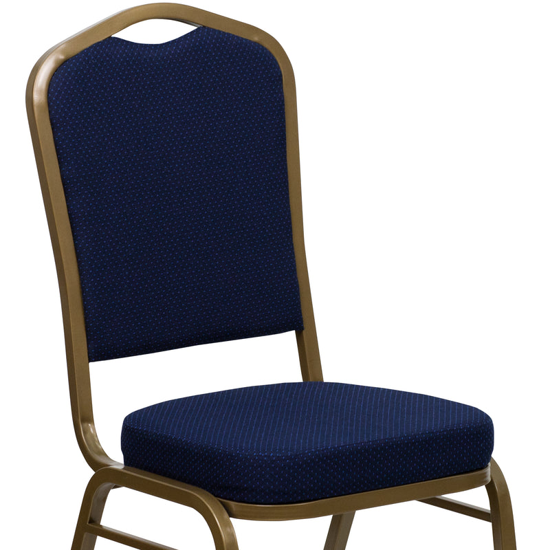 SINGLEWAVE Series Crown Back Stacking Banquet Chair in Navy Blue Patterned Fabric - Gold Frame