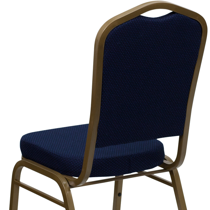 SINGLEWAVE Series Crown Back Stacking Banquet Chair in Navy Blue Patterned Fabric - Gold Frame