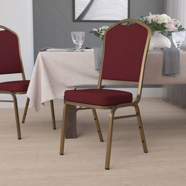 SINGLEWAVE Series Crown Back Stacking Banquet Chair in Burgundy Fabric - Gold Frame