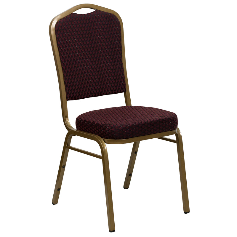 SINGLEWAVE Series Crown Back Stacking Banquet Chair in Burgundy Patterned Fabric - Gold Frame