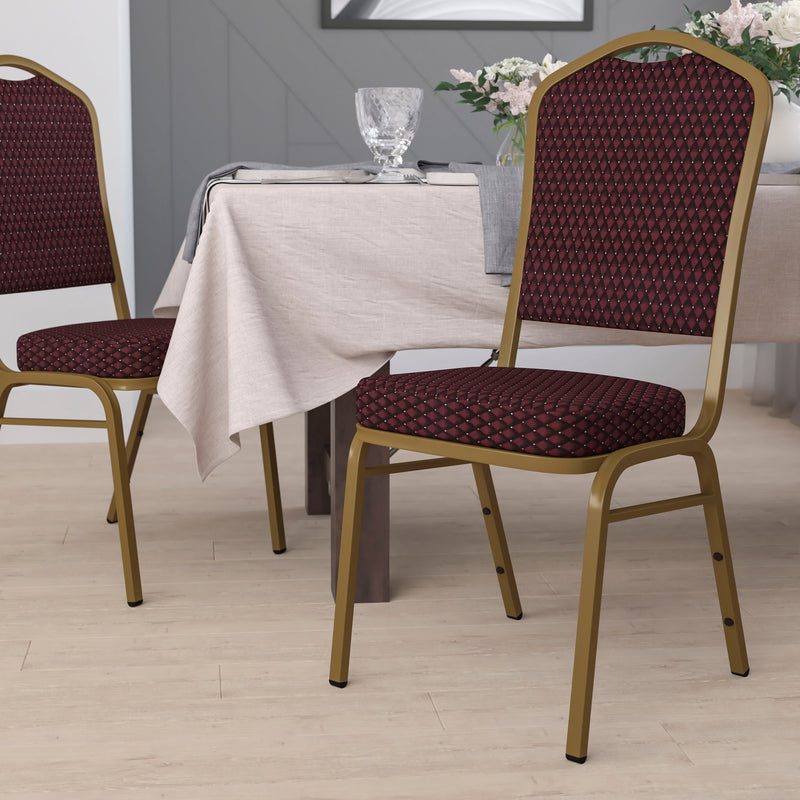 SINGLEWAVE Series Crown Back Stacking Banquet Chair in Burgundy Patterned Fabric - Gold Frame