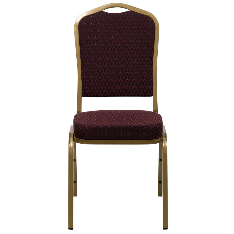 SINGLEWAVE Series Crown Back Stacking Banquet Chair in Burgundy Patterned Fabric - Gold Frame