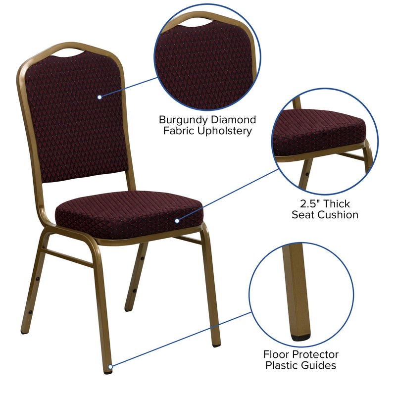 SINGLEWAVE Series Crown Back Stacking Banquet Chair in Burgundy Patterned Fabric - Gold Frame