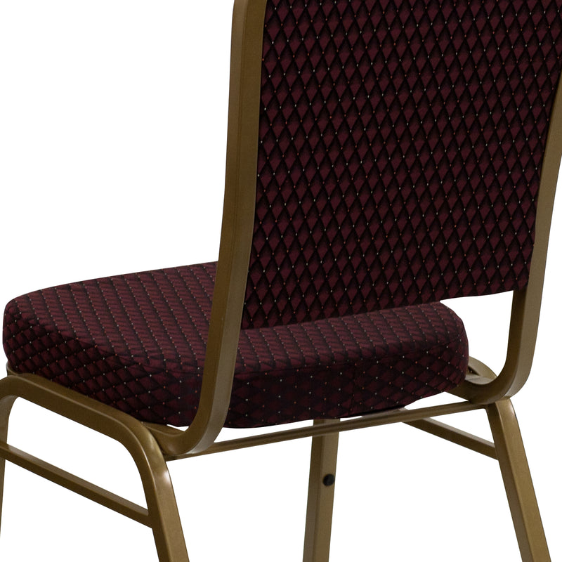 SINGLEWAVE Series Crown Back Stacking Banquet Chair in Burgundy Patterned Fabric - Gold Frame