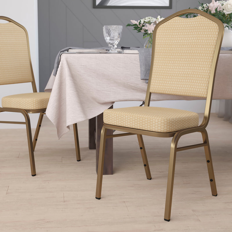 SINGLEWAVE Series Crown Back Stacking Banquet Chair in Beige Patterned Fabric - Gold Frame