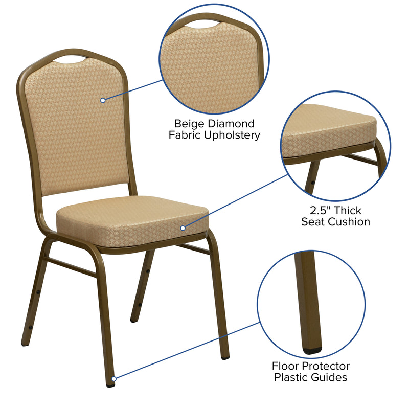 SINGLEWAVE Series Crown Back Stacking Banquet Chair in Beige Patterned Fabric - Gold Frame