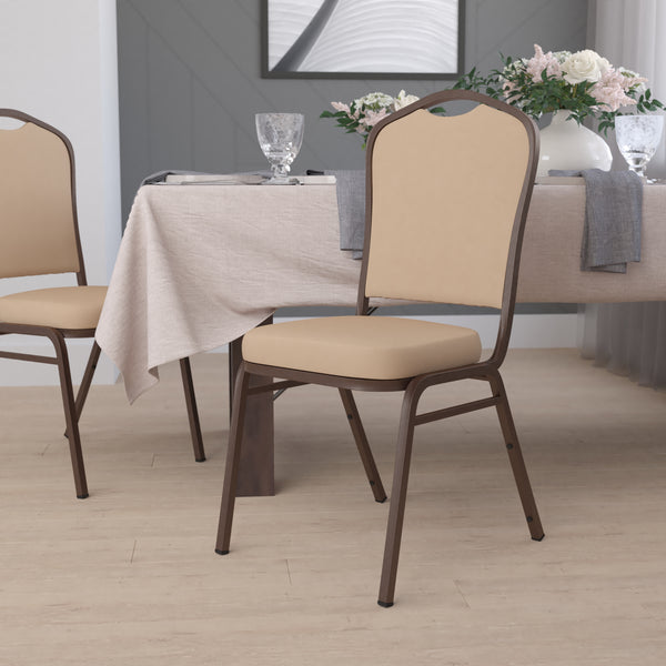 SINGLEWAVE Series Crown Back Stacking Banquet Chair in Tan Vinyl - Copper Vein Frame