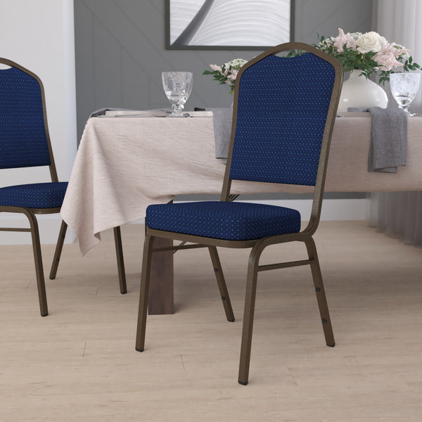 SINGLEWAVE Series Crown Back Stacking Banquet Chair in Navy Blue Patterned Fabric - Gold Vein Frame