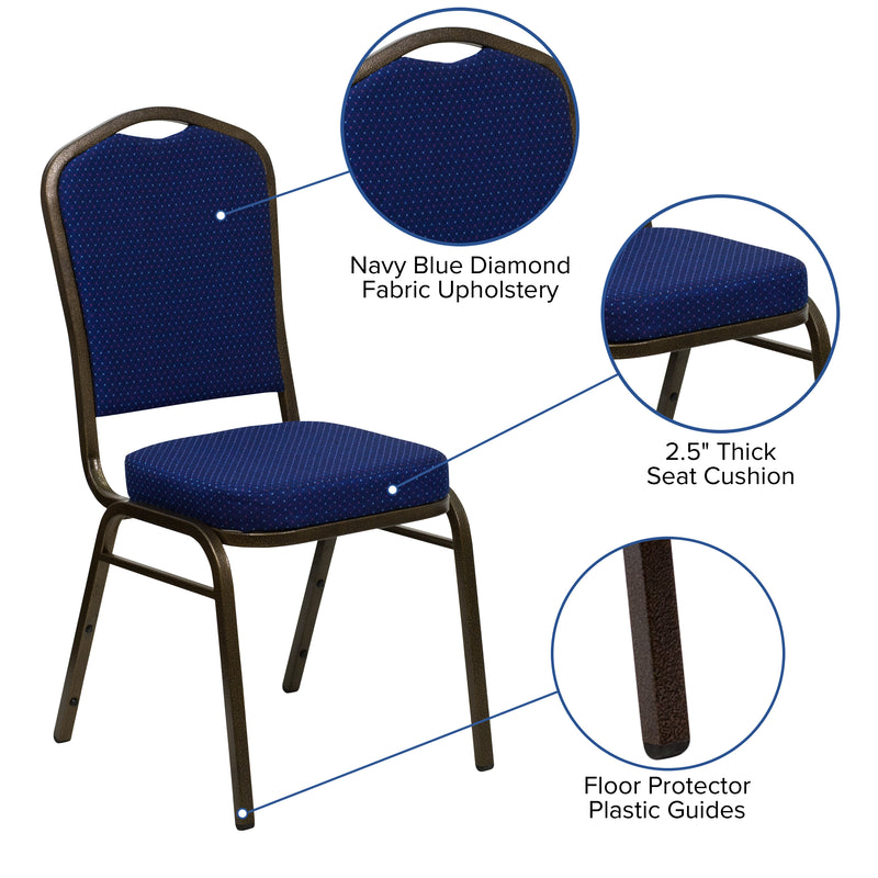 SINGLEWAVE Series Crown Back Stacking Banquet Chair in Navy Blue Patterned Fabric - Gold Vein Frame