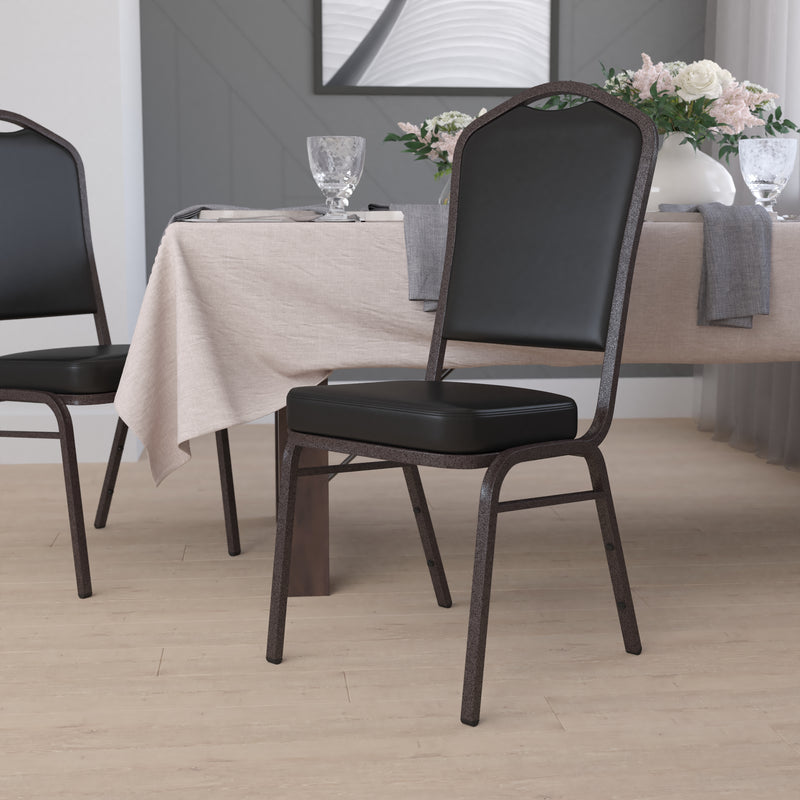 SINGLEWAVE Series Crown Back Stacking Banquet Chair in Black Vinyl - Gold Vein Frame