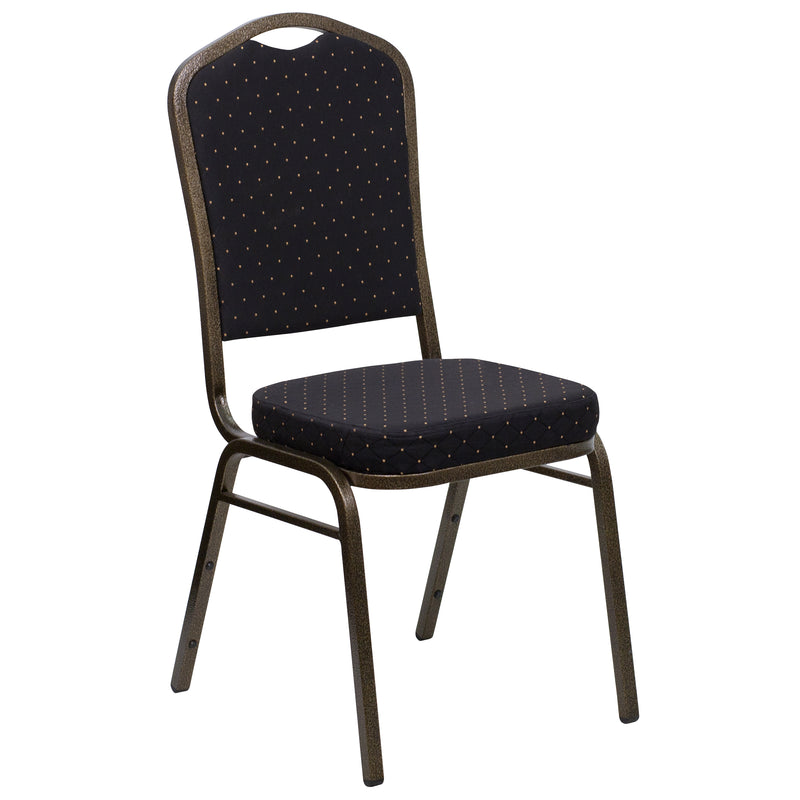 SINGLEWAVE Series Crown Back Stacking Banquet Chair in Black Patterned Fabric - Gold Vein Frame