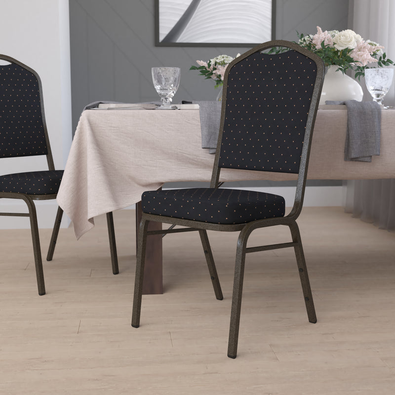 SINGLEWAVE Series Crown Back Stacking Banquet Chair in Black Patterned Fabric - Gold Vein Frame