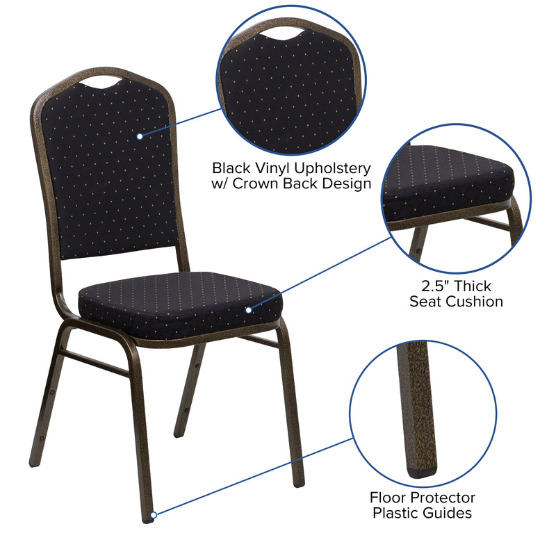 SINGLEWAVE Series Crown Back Stacking Banquet Chair in Black Patterned Fabric - Gold Vein Frame