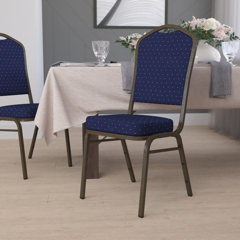 SINGLEWAVE Series Crown Back Stacking Banquet Chair in Navy Blue Dot Patterned Fabric - Gold Vein Frame