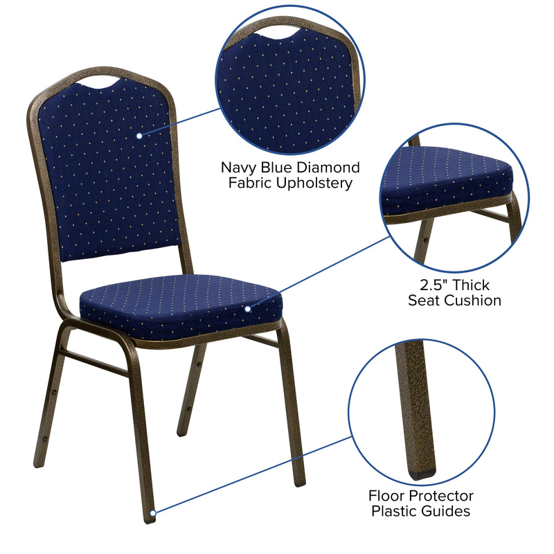 SINGLEWAVE Series Crown Back Stacking Banquet Chair in Navy Blue Dot Patterned Fabric - Gold Vein Frame