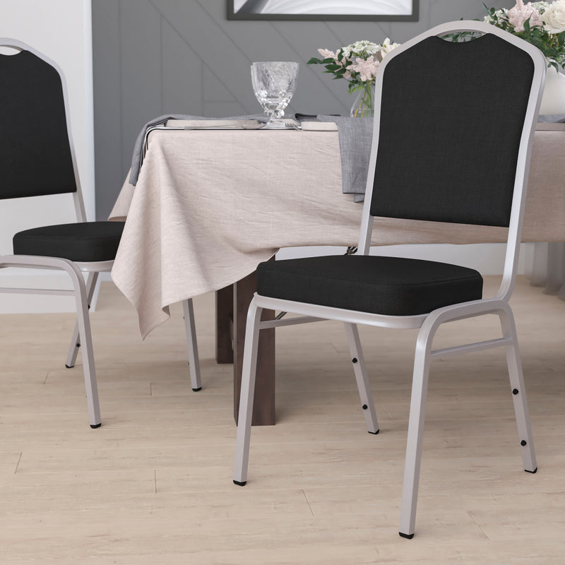 SINGLEWAVE Series Crown Back Stacking Banquet Chair in Black Fabric - Silver Frame