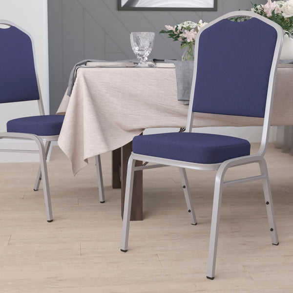 SINGLEWAVE Series Crown Back Stacking Banquet Chair in Navy Fabric - Silver Frame