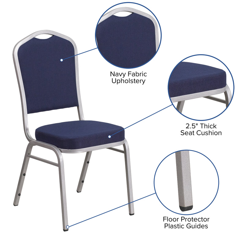 SINGLEWAVE Series Crown Back Stacking Banquet Chair in Navy Fabric - Silver Frame