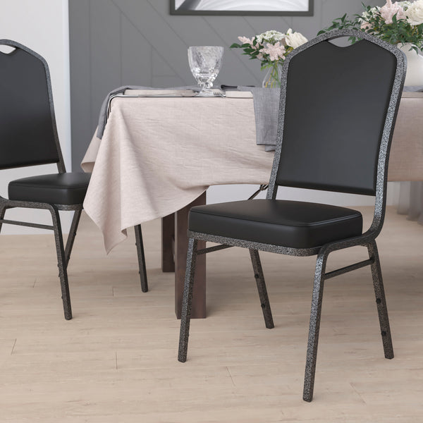 SINGLEWAVE Series Crown Back Stacking Banquet Chair in Black Vinyl - Silver Vein Frame