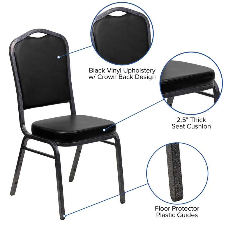 SINGLEWAVE Series Crown Back Stacking Banquet Chair in Black Vinyl - Silver Vein Frame