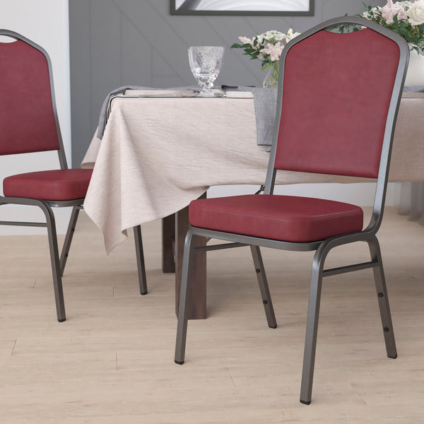 SINGLEWAVE Series Crown Back Stacking Banquet Chair in Burgundy Vinyl - Silver Vein Frame