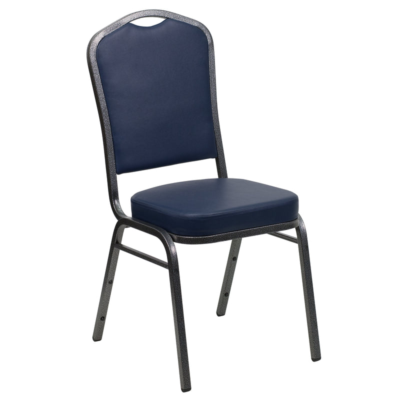 SINGLEWAVE Series Crown Back Stacking Banquet Chair in Navy Vinyl - Silver Vein Frame