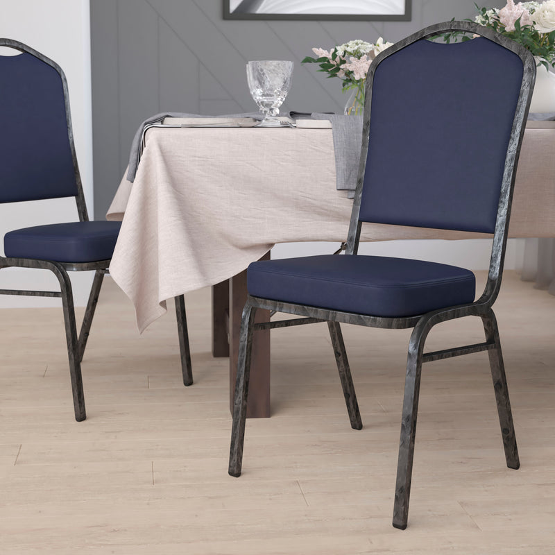 SINGLEWAVE Series Crown Back Stacking Banquet Chair in Navy Vinyl - Silver Vein Frame