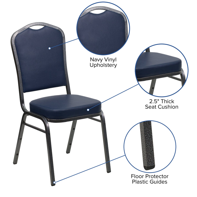 SINGLEWAVE Series Crown Back Stacking Banquet Chair in Navy Vinyl - Silver Vein Frame