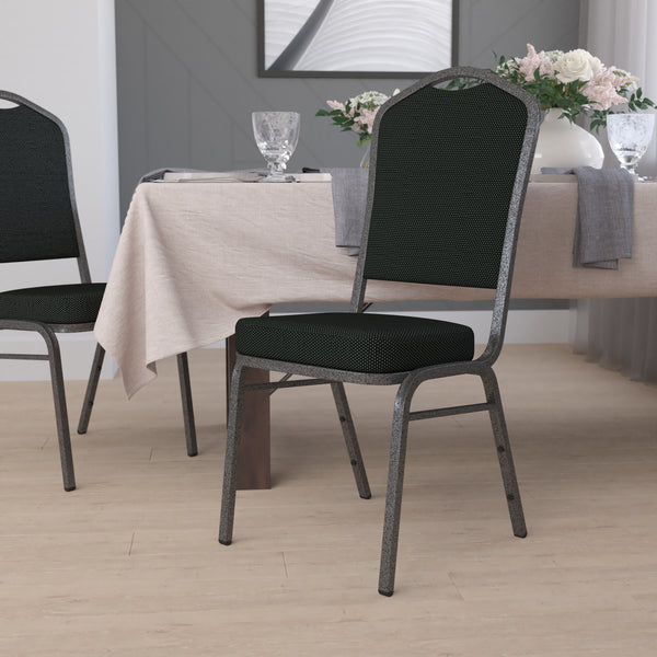 SINGLEWAVE Series Crown Back Stacking Banquet Chair in Black Dot Patterned Fabric - Silver Vein Frame