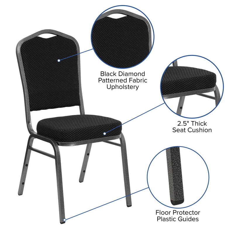 SINGLEWAVE Series Crown Back Stacking Banquet Chair in Black Dot Patterned Fabric - Silver Vein Frame