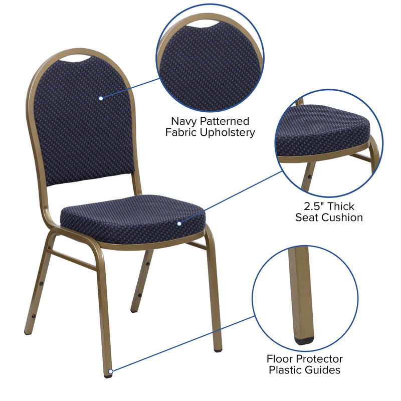 SINGLEWAVE Series Dome Back Stacking Banquet Chair in Navy Patterned Fabric - Gold Frame