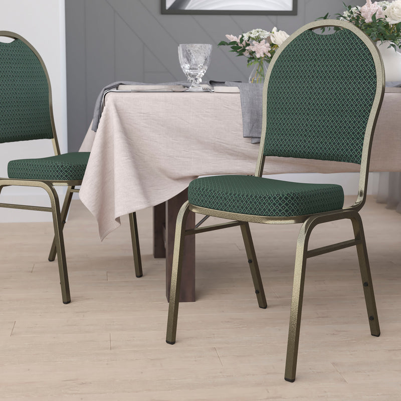 SINGLEWAVE Series Dome Back Stacking Banquet Chair in Green Patterned Fabric - Gold Vein Frame