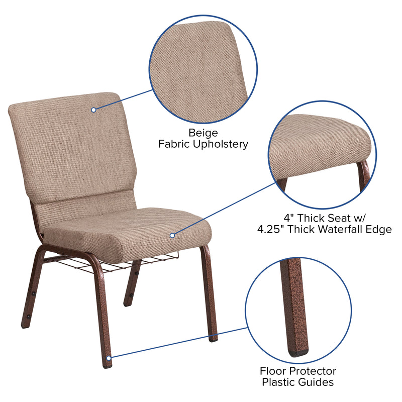 SINGLEWAVE Series 18.5''W Church Chair in Beige Fabric with Book Rack - Copper Vein Frame