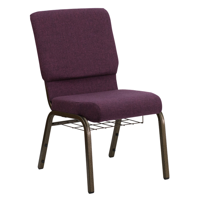 SINGLEWAVE Series 18.5''W Church Chair in Plum Fabric with Cup Book Rack - Gold Vein Frame