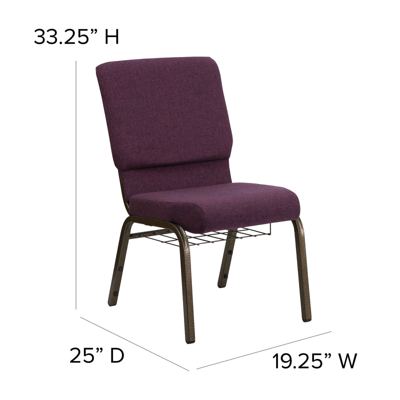 SINGLEWAVE Series 18.5''W Church Chair in Plum Fabric with Cup Book Rack - Gold Vein Frame