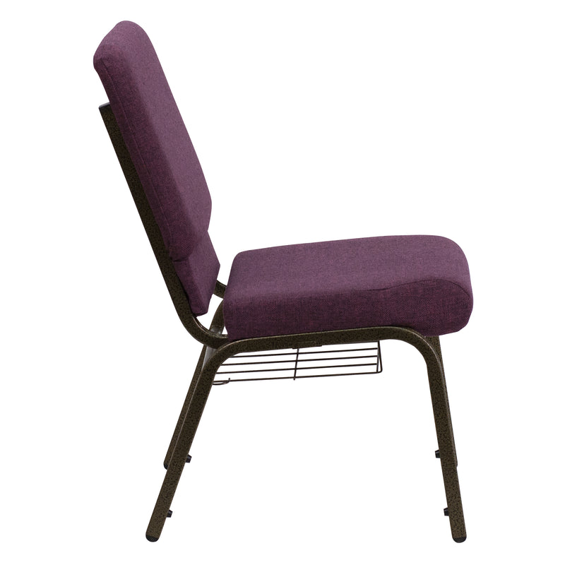 SINGLEWAVE Series 18.5''W Church Chair in Plum Fabric with Cup Book Rack - Gold Vein Frame