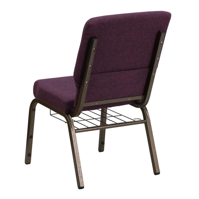 SINGLEWAVE Series 18.5''W Church Chair in Plum Fabric with Cup Book Rack - Gold Vein Frame