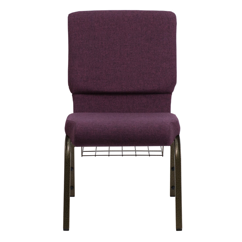 SINGLEWAVE Series 18.5''W Church Chair in Plum Fabric with Cup Book Rack - Gold Vein Frame