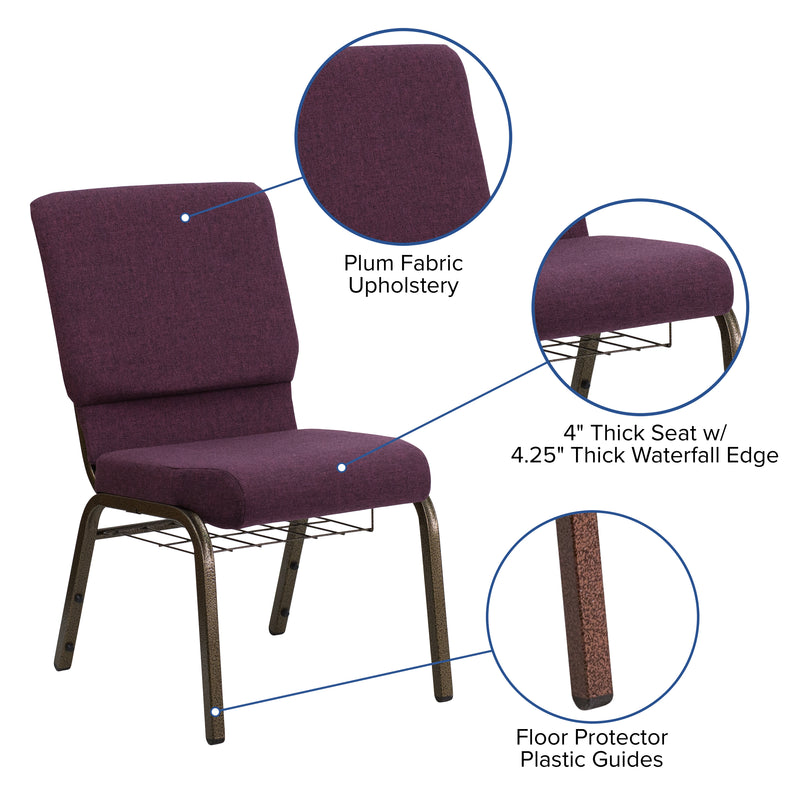 SINGLEWAVE Series 18.5''W Church Chair in Plum Fabric with Cup Book Rack - Gold Vein Frame