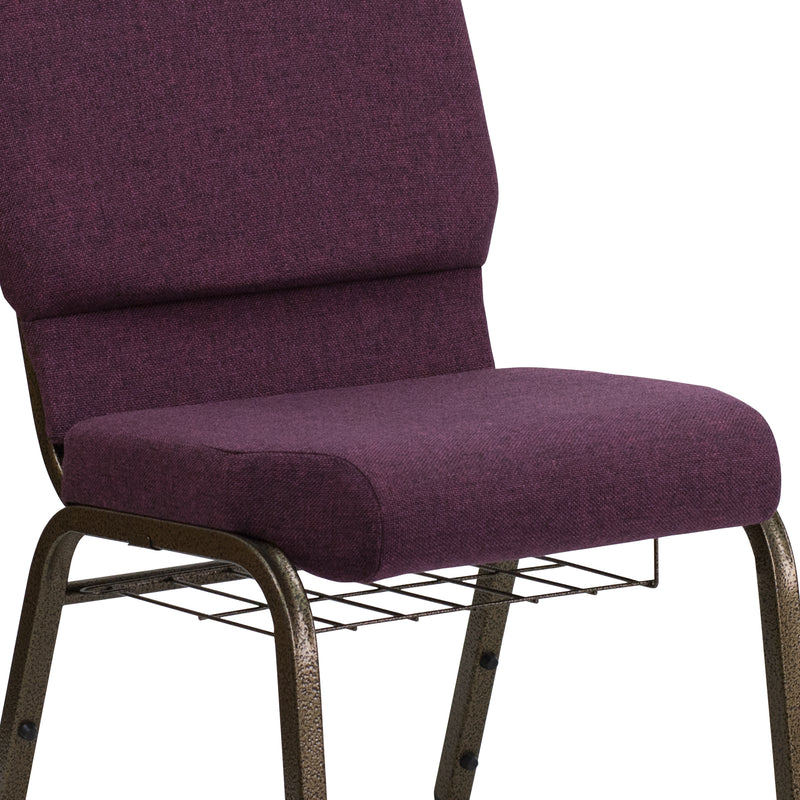 SINGLEWAVE Series 18.5''W Church Chair in Plum Fabric with Cup Book Rack - Gold Vein Frame