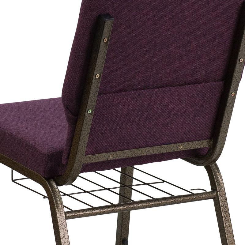 SINGLEWAVE Series 18.5''W Church Chair in Plum Fabric with Cup Book Rack - Gold Vein Frame