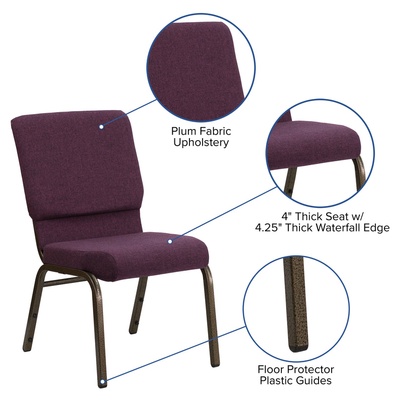 SINGLEWAVE Series 18.5''W Stacking Church Chair in Plum Fabric - Gold Vein Frame