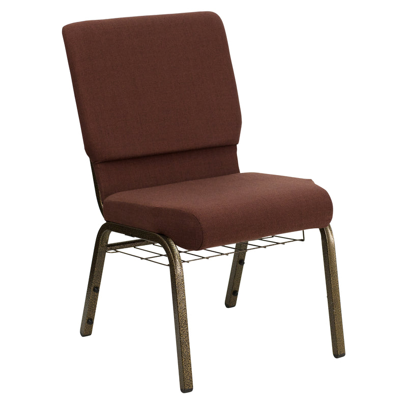 SINGLEWAVE Series 18.5''W Church Chair in Brown Fabric with Cup Book Rack - Gold Vein Frame