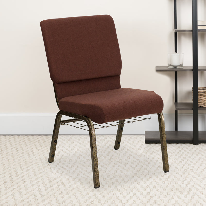 SINGLEWAVE Series 18.5''W Church Chair in Brown Fabric with Cup Book Rack - Gold Vein Frame