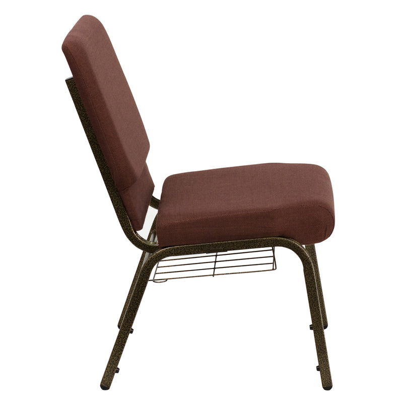 SINGLEWAVE Series 18.5''W Church Chair in Brown Fabric with Cup Book Rack - Gold Vein Frame