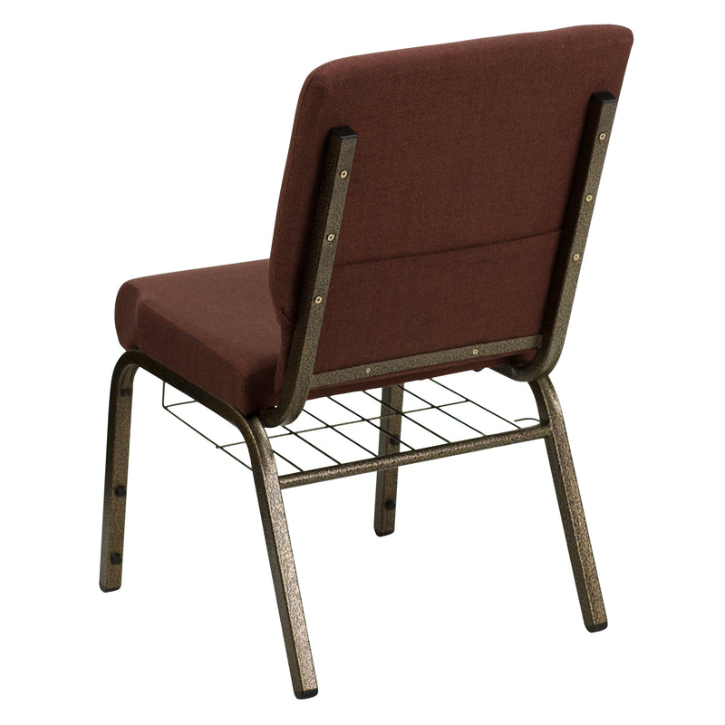 SINGLEWAVE Series 18.5''W Church Chair in Brown Fabric with Cup Book Rack - Gold Vein Frame