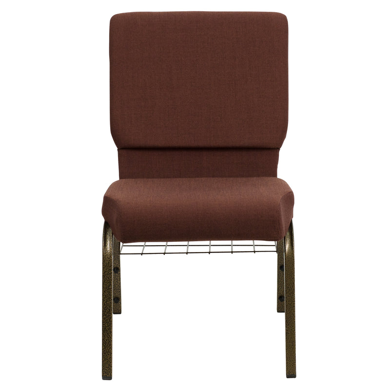 SINGLEWAVE Series 18.5''W Church Chair in Brown Fabric with Cup Book Rack - Gold Vein Frame