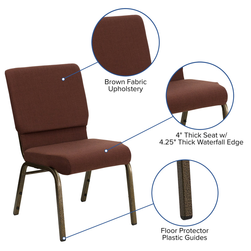 SINGLEWAVE Series 18.5''W Stacking Church Chair in Brown Fabric - Gold Vein Frame